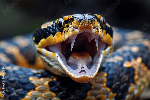 Engaging portrait showcasing the detailed yellow-black pattern of a snake's skin with an open mouth