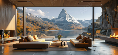 Summer view on Matterhorn mountain in Switzerland from modern apartment.