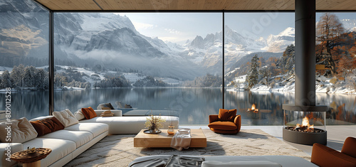 View on the Matterhorn mountain in snow from panoramic windows of luxury apartment. 