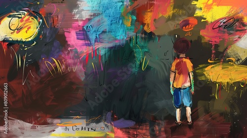 artful graffiti style illustration, a boy dream and hope concept, young child with messy grungy wall, Generative Ai