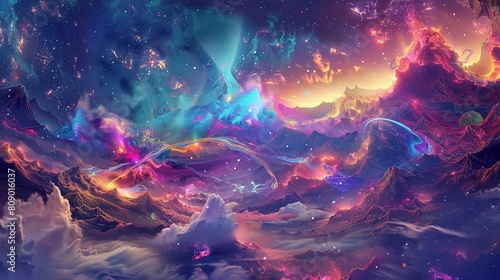 abstract digital landscape adorned with celestial elements