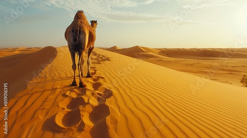 Generate a visual representation of a lone camel wandering through the desert
