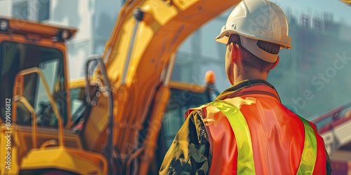 An image of a construction worker wearing a hard hat and safety vest, operating heavy machinery or working on a building site, showcasing construction activities