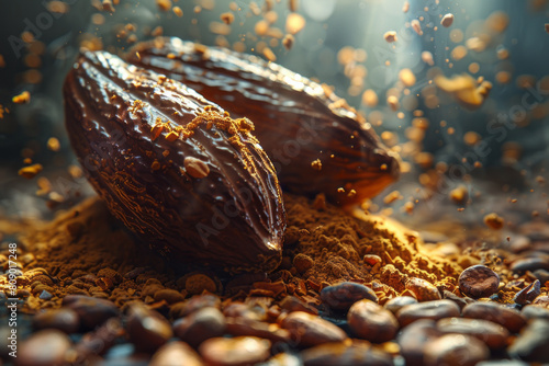 Cocoa beans illustrated as ancient artifacts that unlock chocolate waves, flowing and revitalizing ancient civilizations,