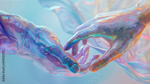 A video clip with a close-up of two hands touching against a background of holographic glass sculptures surrounded by a pale blue shade of resin conveys a moment of emotional connection and intimacy.