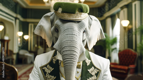 dignified elephant in a tailored three-piece suit, complete with a bowler hat and a monocle.