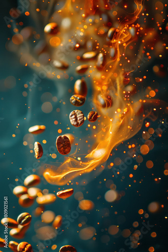 An abstract vision of coffee beans evolving into electric arcs, zapping through a stylized space,