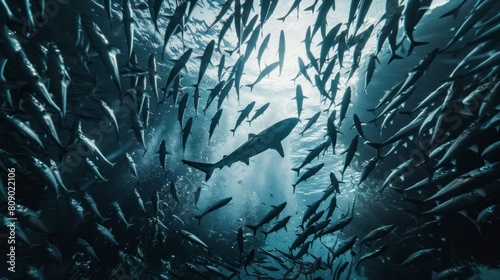 Shark swimming surrounded by fish or sardines in the sea in high resolution and high quality. animal concept, leader, boss, sea, ocean