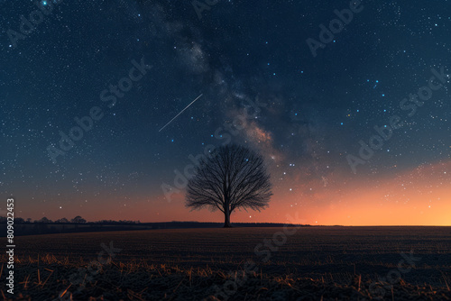 A lone tree standing against a starlit sky, meteors streaking brightly above,