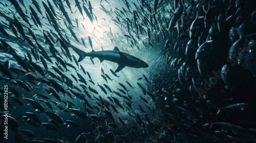 shark swimming surrounded by fish or sardines in the sea in high resolution