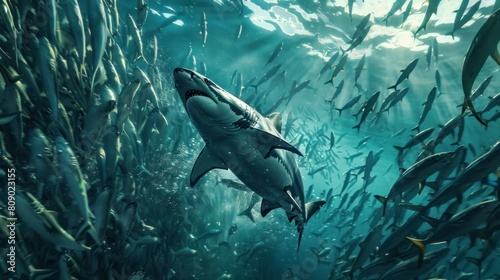 Shark swimming surrounded by fish or sardines in the sea in high resolution and high quality. animal concept, leader