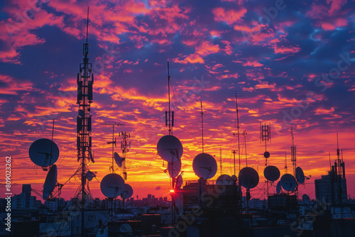 City rooftops with antennas and satellite dishes silhouetted against a dramatic sunset sky of gold and purple,