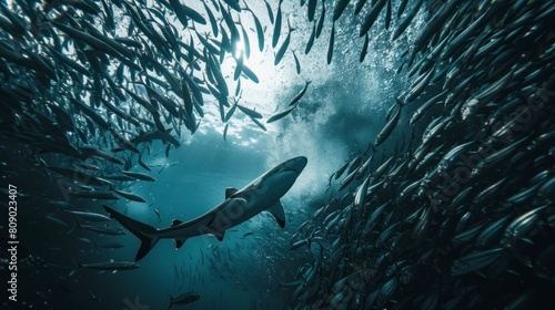 Shark swimming surrounded by fish or sardines in the sea in high resolution and high quality. concept animals, leader, boss