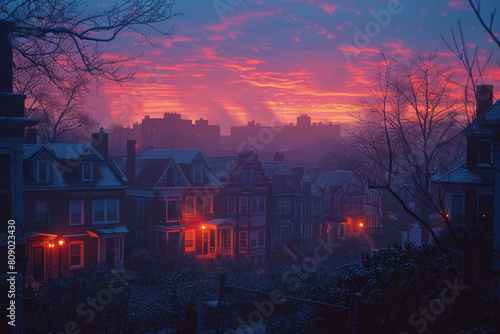 A row of old townhouses silhouetted against a sunset with layers of pink, orange, and blue,