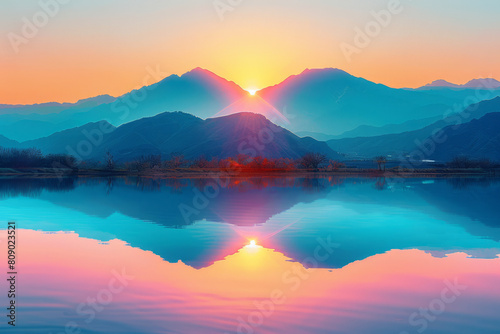 Sunset behind a mountain range with a gradient sky from golden yellow to twilight blue, a river reflecting the colors,