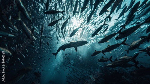 Shark swimming surrounded by fish or sardines in the sea in high resolution and high quality. animal concept, leader, boss, sea