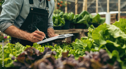 A farmer writing notes in his notebook while taking care of the lettuce plants inside a greenhouse