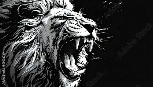 Close-up of the head of an aggressive lion. Wild animal illustration for various design purposes