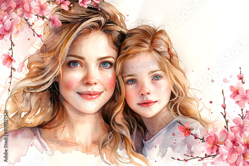 Mother daughter painting with pink flowers, joyful smiles, beautiful lashes