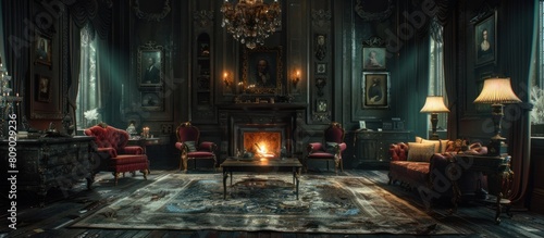 Elegant Antique Interior with Fireplace and Chandelier Illuminating a Traditional Old World Ambiance