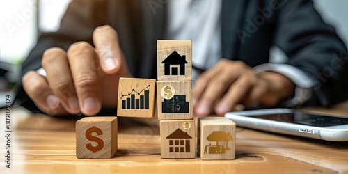 A businessman is holding wooden blocks with tons of money and a house on them, building up to the top block which has an icon for a mobile phone app.