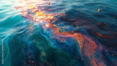 An oil spill spreading across the ocean surface, with plastic waste floating nearby