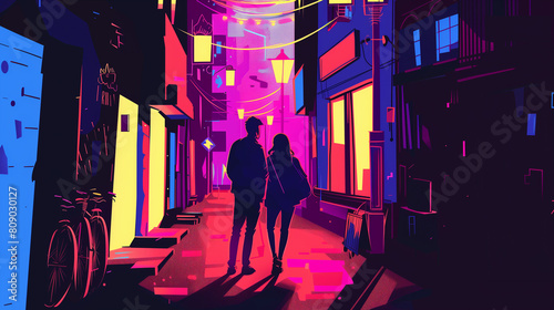 copy space, cartoon illustration, street view, Neon Noir with fluorescent colors, couple walking in a street. Background design for café or bar. Nightlife poster.