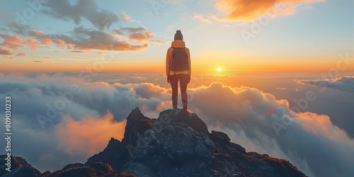 Lone figure atop a majestic mountain peak at a breathtaking sunset embodying determination and the pursuit of ambitious goals