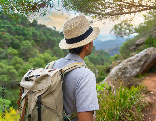 persona andando por senda de montaña con mochila y sombrero en vista paisaje