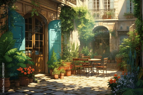 there is a courtyard with a table and chairs and a lot of plants