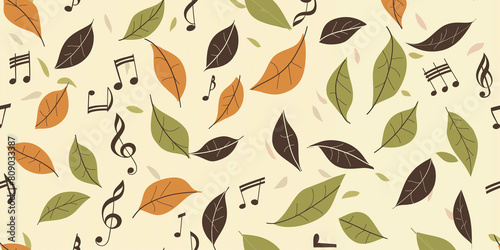 a close up of a pattern of leaves and music notes