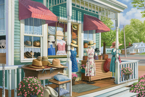 painting of a woman selling hats and other items on a porch