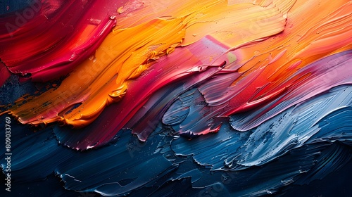 Abstract background with colorful paint strokes on canvas, oil painting, brush stroke, red and blue color palette, detailed texture, vibrant colors, dark background, artistic composition, closeup shot