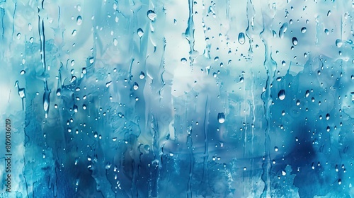 watercolor blue background raindrops on a window for rainy weather, aqua drops texture of rain water. Romantic rain weather texture