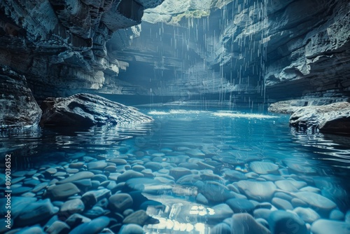 Abstract background with water and boulders inside a cavern