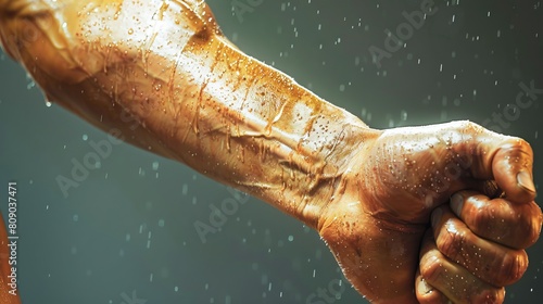 Closeup of an arm with golden skin, flexing its bicep in the rain