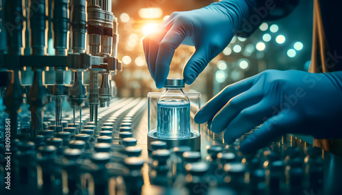a modern pharmaceutical manufacturing facility, featuring a worker inspecting vials on a production line, set against a backdrop of advanced machinery in a sterile environment.
