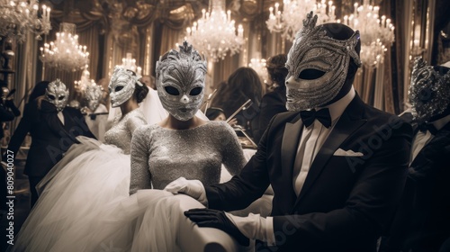 Monochromatic Masquerade Ball guests in elaborate costumes