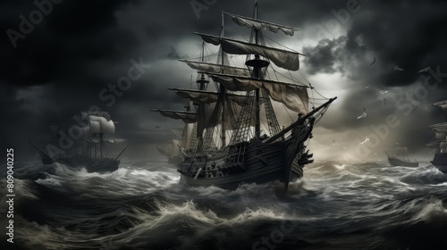 Pirate ships in high-seas battle