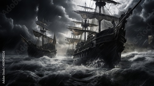 Pirate ships engaged in high-seas battle