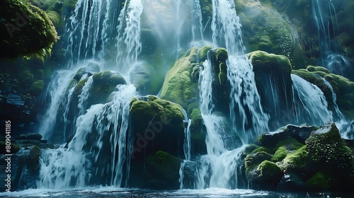 Behold the majestic beauty of a cascading waterfall, where pristine waters tumble over moss-covered rocks, creating a symphony of sound and movement.