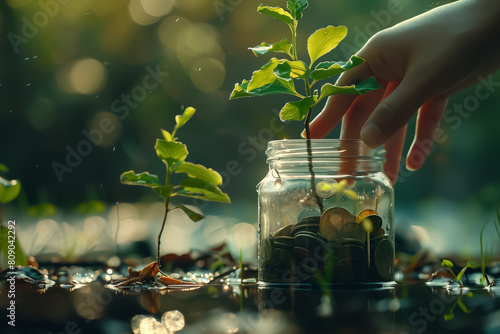 A hand gently touches a young plant growing from a jar filled with coins, set against a sunlit, dewy backdrop, Investment growth and environmental care concept