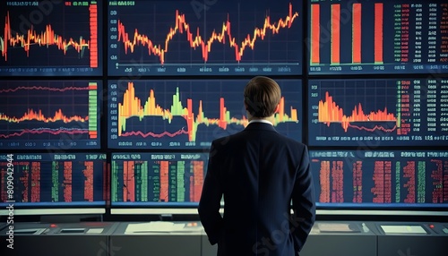 A man in a suit with his back turned in front of a large screen displaying stock market data and graphs