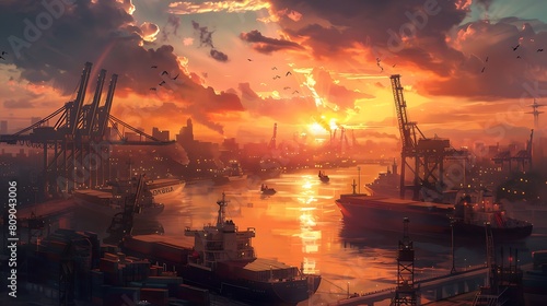 Delve into the heart of a bustling port, where cargo ships unload their precious cargo against a backdrop of towering cranes and bustling warehouses.