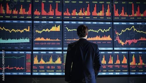 A man in a suit with his back turned in front of a large screen displaying stock market data and graphs