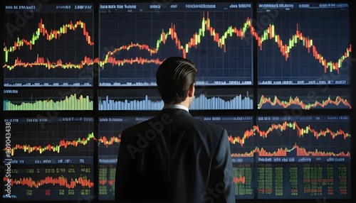 A man in a suit with his back turned in front of a large screen displaying stock market data and graphs