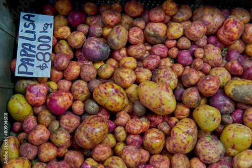 Organic Ulluku, papa lisa with its price in argentine peso at a market in Salta, Argentina. Native potato