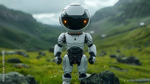 mini white robot wearing astronaut helmet and standing on green mountain grassy terrain