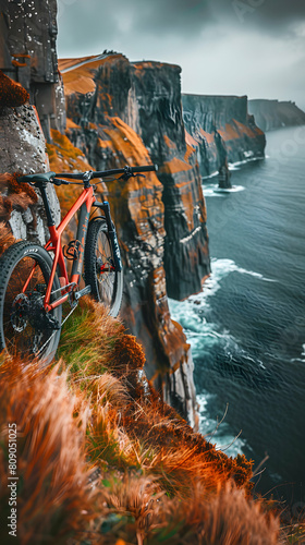 Exploring the Irish Coast: A Photo Realistic Image of a Bike Resting Next to Dramatic Cliffs and Ocean Views