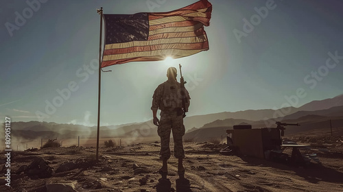 Military man with american flag on bacground and enjoying amazing summer nature view on sunny day on July 4th,generative Ai